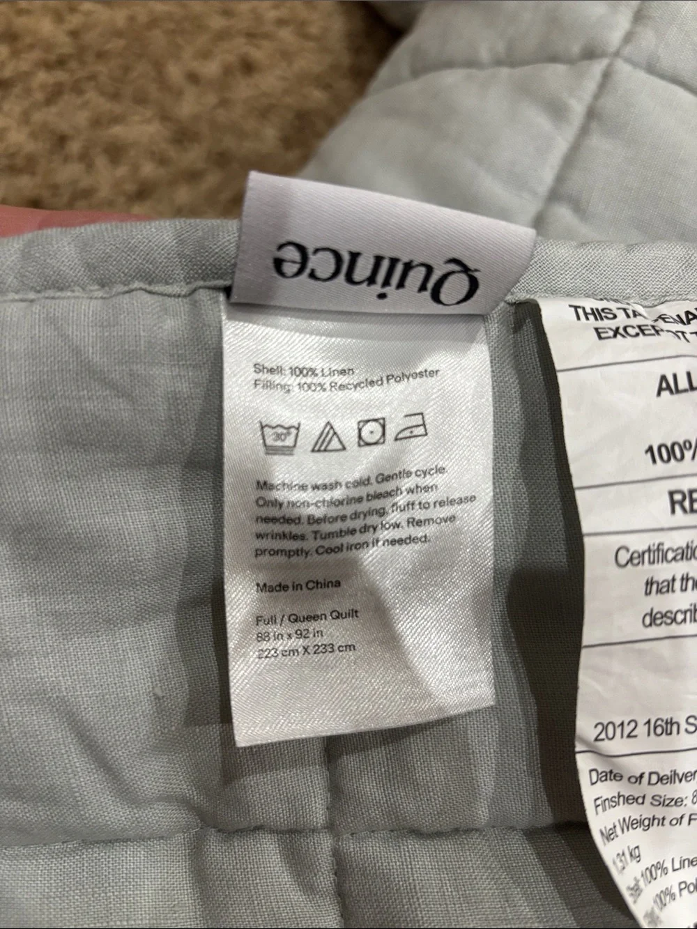 Quince European Linen Box Quilt Full/Queen Mist